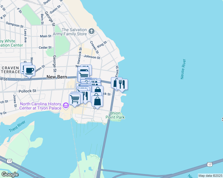map of restaurants, bars, coffee shops, grocery stores, and more near 313 River Walk Drive in New Bern