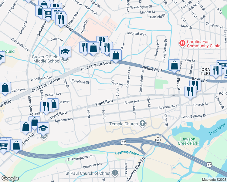map of restaurants, bars, coffee shops, grocery stores, and more near 1711 Tryon Road in New Bern