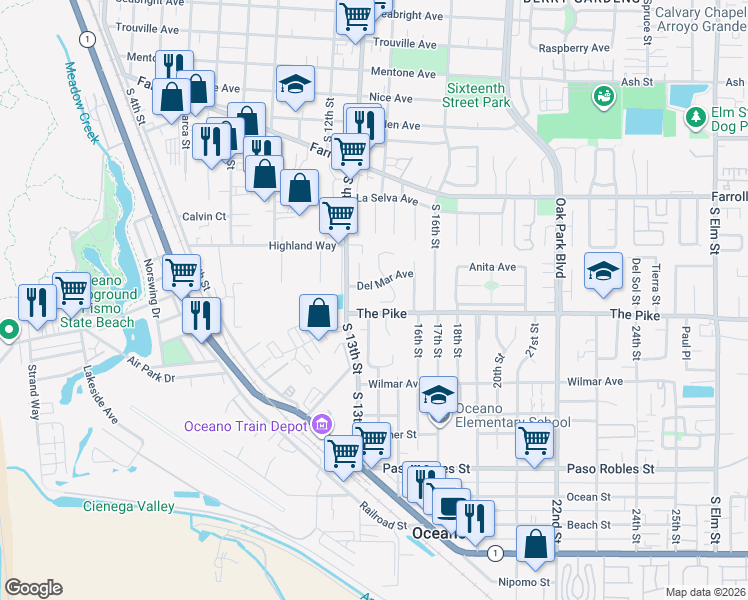 map of restaurants, bars, coffee shops, grocery stores, and more near 1294 San Sorrento Court in Grover Beach