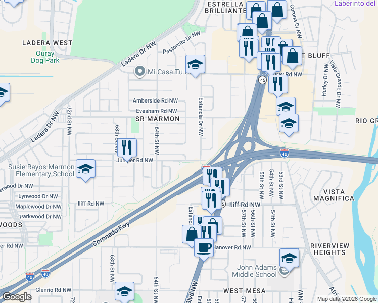 map of restaurants, bars, coffee shops, grocery stores, and more near 2100 Summer Ray Drive Northwest in Albuquerque