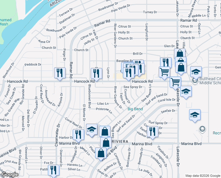 map of restaurants, bars, coffee shops, grocery stores, and more near 727 Sea Spray Place in Bullhead City