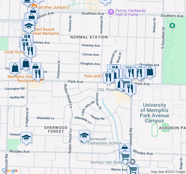 map of restaurants, bars, coffee shops, grocery stores, and more near 3784 Carrington Road in Memphis