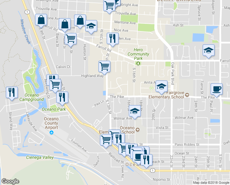 map of restaurants, bars, coffee shops, grocery stores, and more near 1294 San Sorrento Court in Grover Beach