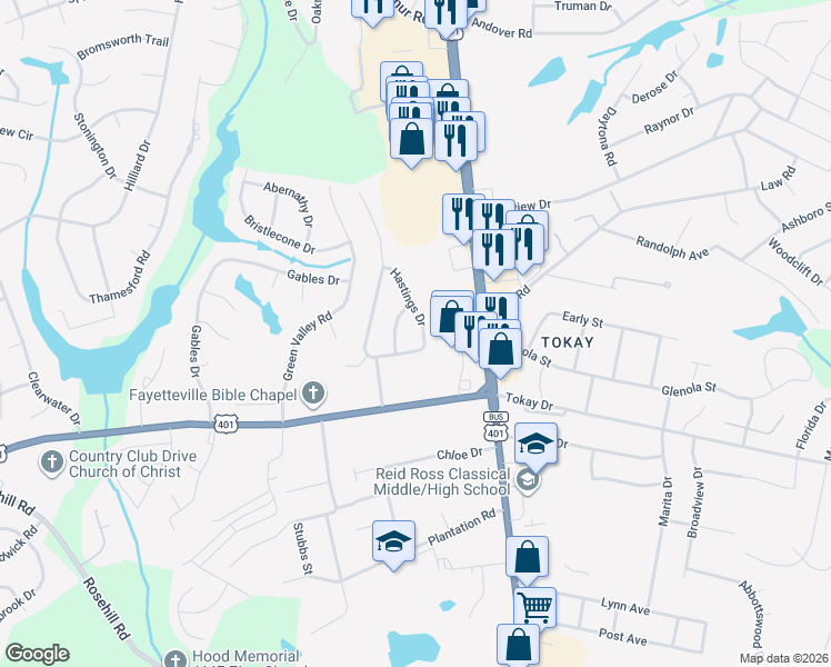 map of restaurants, bars, coffee shops, grocery stores, and more near 3488 Nesbit Road in Fayetteville