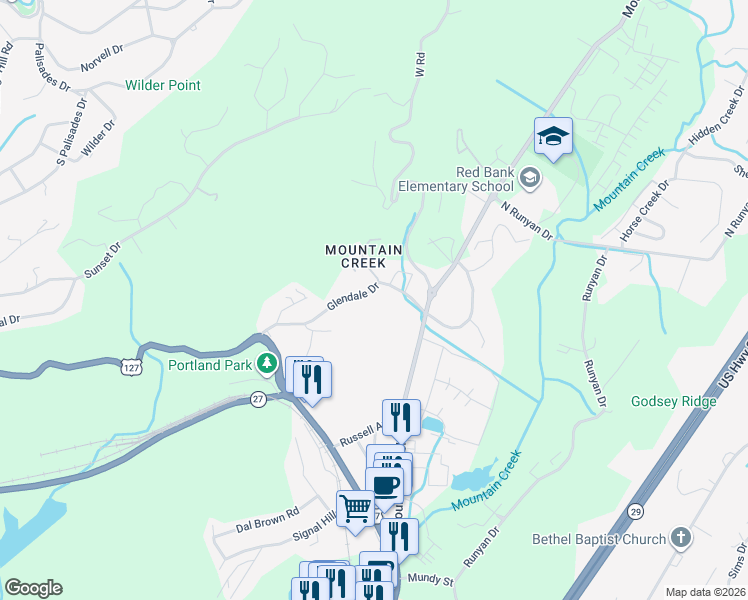 map of restaurants, bars, coffee shops, grocery stores, and more near 245 Glendale Drive in Chattanooga