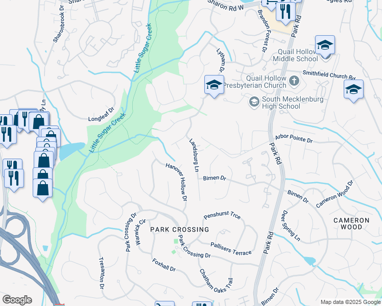 map of restaurants, bars, coffee shops, grocery stores, and more near 9024 Landsburg Lane in Charlotte