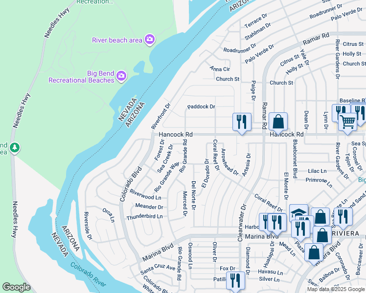 map of restaurants, bars, coffee shops, grocery stores, and more near 370 Sea Creek Drive in Bullhead City