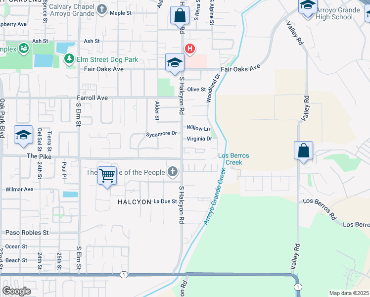 map of restaurants, bars, coffee shops, grocery stores, and more near 655 South Halcyon Road in Arroyo Grande