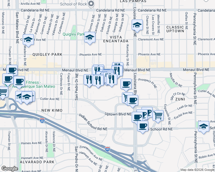 map of restaurants, bars, coffee shops, grocery stores, and more near 6600 Menaul Boulevard Northeast in Albuquerque