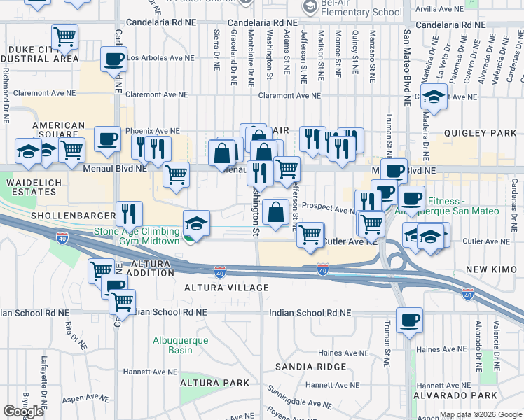 map of restaurants, bars, coffee shops, grocery stores, and more near 2501 Washington Street Northeast in Albuquerque