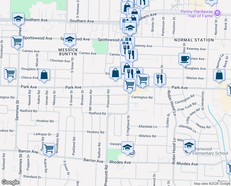 map of restaurants, bars, coffee shops, grocery stores, and more near 3449 Park Avenue in Memphis