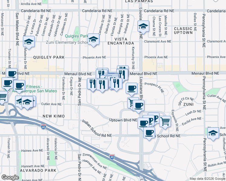 map of restaurants, bars, coffee shops, grocery stores, and more near 6600 Menaul Boulevard Northeast in Albuquerque