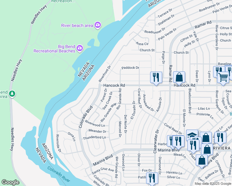 map of restaurants, bars, coffee shops, grocery stores, and more near 351 Sea Creek Drive in Bullhead City