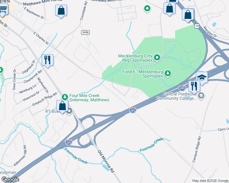 map of restaurants, bars, coffee shops, grocery stores, and more near in Matthews