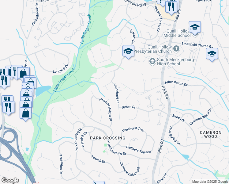 map of restaurants, bars, coffee shops, grocery stores, and more near 9024 Landsburg Lane in Charlotte