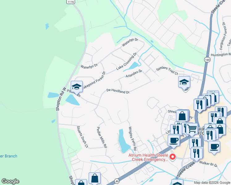 map of restaurants, bars, coffee shops, grocery stores, and more near 15410 De Havilland Drive in Charlotte