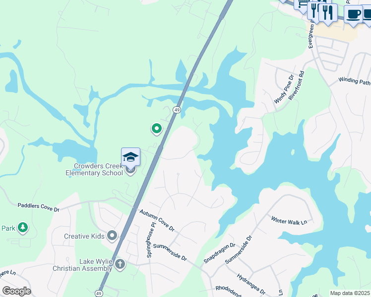 map of restaurants, bars, coffee shops, grocery stores, and more near 2060 Cutter Point Drive in Clover