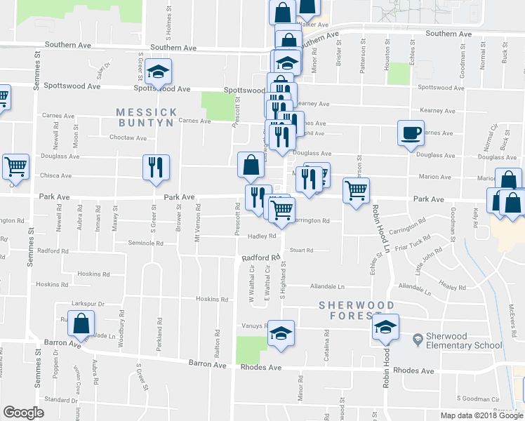 map of restaurants, bars, coffee shops, grocery stores, and more near 3449 Park Avenue in Memphis