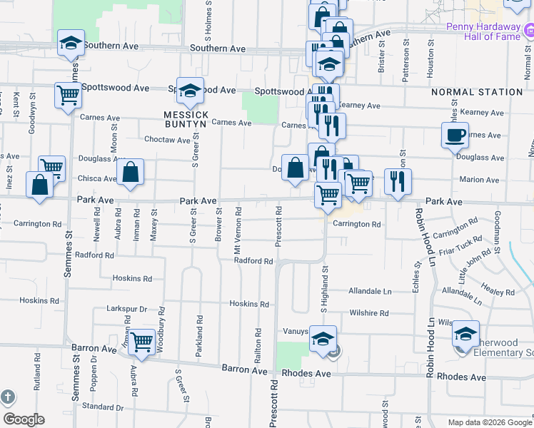 map of restaurants, bars, coffee shops, grocery stores, and more near 3405 Park Avenue in Memphis