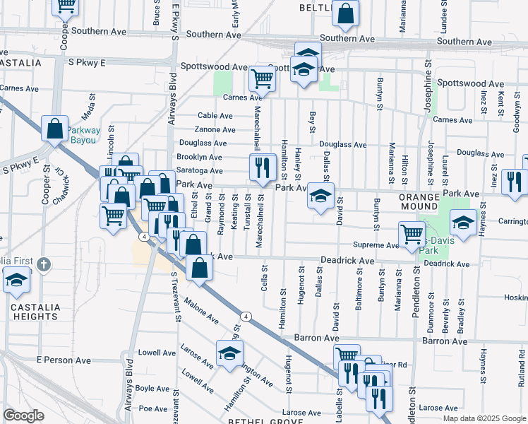 map of restaurants, bars, coffee shops, grocery stores, and more near 1018 Marechalneil Street in Memphis