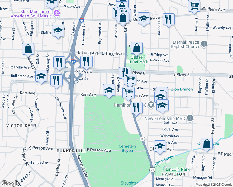 map of restaurants, bars, coffee shops, grocery stores, and more near 1432 Hemlock Street in Memphis