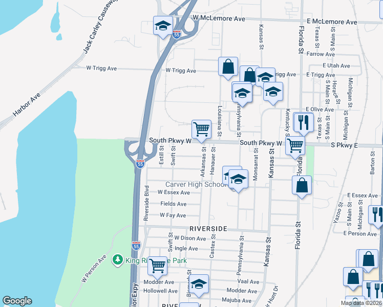 map of restaurants, bars, coffee shops, grocery stores, and more near 299 South Parkway West in Memphis