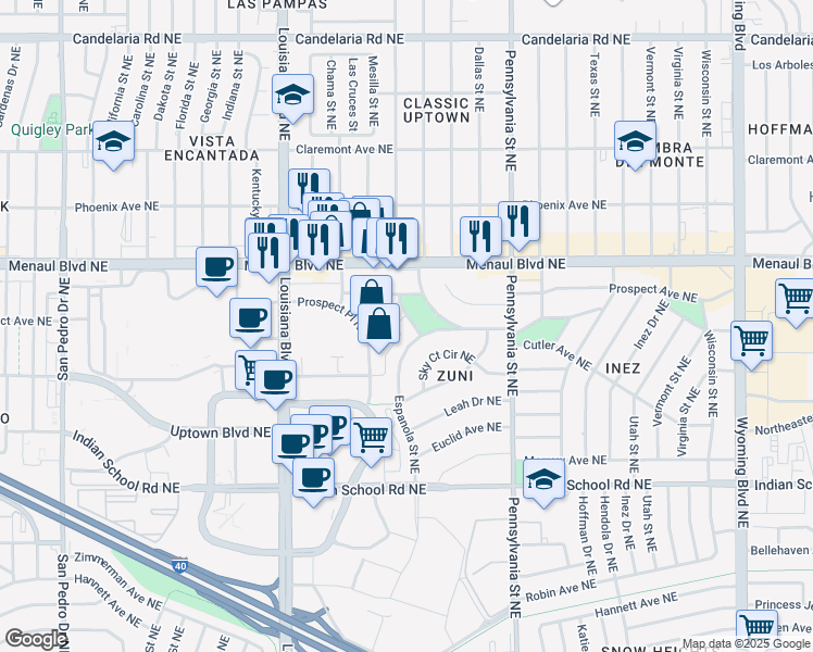 map of restaurants, bars, coffee shops, grocery stores, and more near 2415 Espanola Street Northeast in Albuquerque