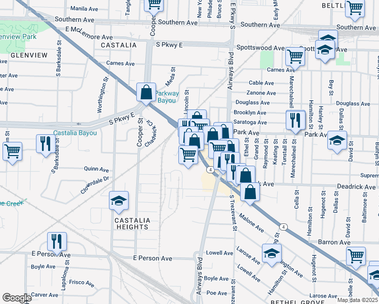 map of restaurants, bars, coffee shops, grocery stores, and more near 2235 Lamar Avenue in Memphis