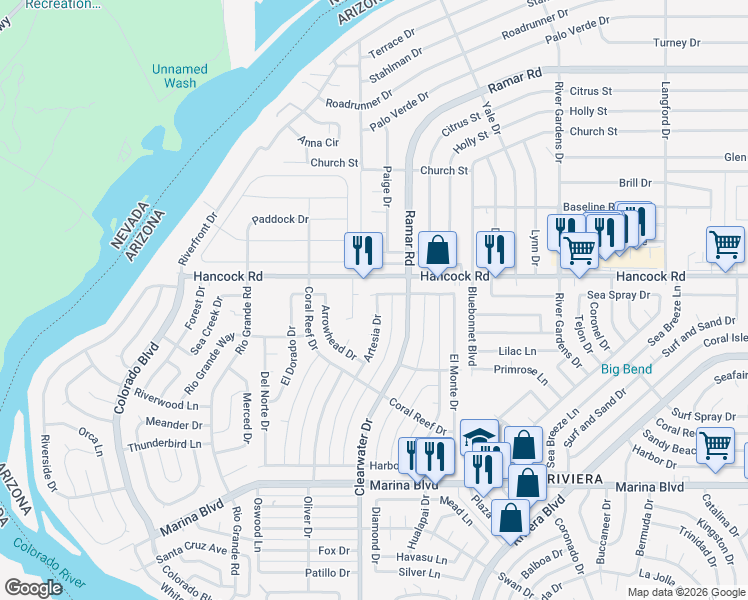 map of restaurants, bars, coffee shops, grocery stores, and more near 511 Sea Spray Drive in Bullhead City