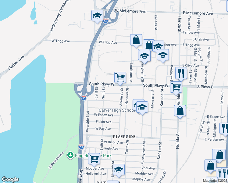 map of restaurants, bars, coffee shops, grocery stores, and more near 299 South Parkway West in Memphis