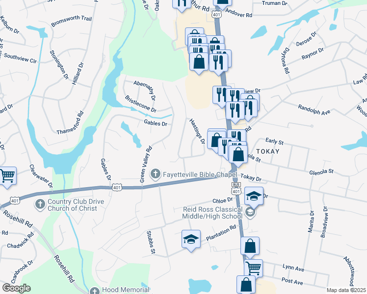 map of restaurants, bars, coffee shops, grocery stores, and more near 3544 Hastings Drive in Fayetteville