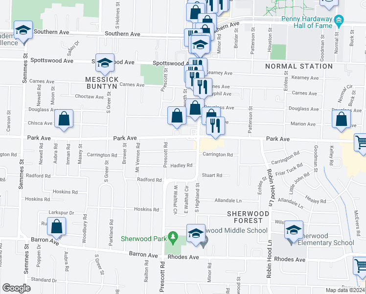 map of restaurants, bars, coffee shops, grocery stores, and more near 3466 Carrington Road in Memphis