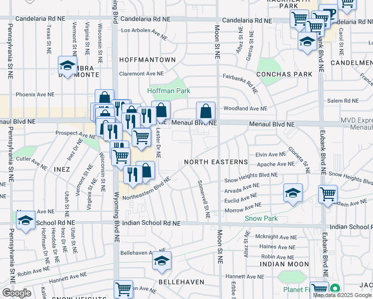 map of restaurants, bars, coffee shops, grocery stores, and more near 2205 Ambassador Road Northeast in Albuquerque