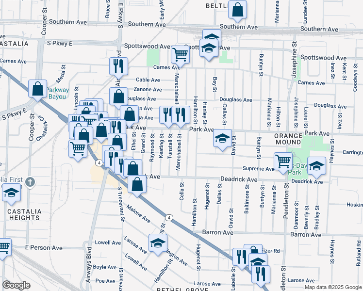 map of restaurants, bars, coffee shops, grocery stores, and more near 1018 Marechalneil Street in Memphis