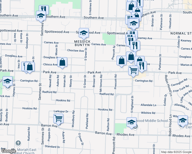 map of restaurants, bars, coffee shops, grocery stores, and more near 900 Brower Street in Memphis