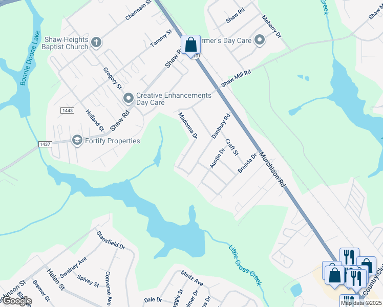 map of restaurants, bars, coffee shops, grocery stores, and more near 1077 Madonna Drive in Fayetteville