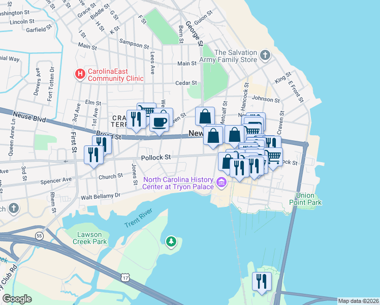 map of restaurants, bars, coffee shops, grocery stores, and more near 306 Bern Street in New Bern