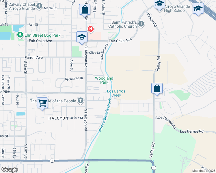 map of restaurants, bars, coffee shops, grocery stores, and more near 645 Woodland Drive in Arroyo Grande