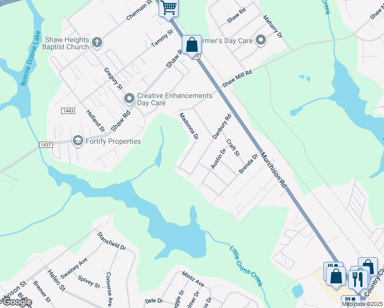 map of restaurants, bars, coffee shops, grocery stores, and more near 1077 Madonna Drive in Fayetteville