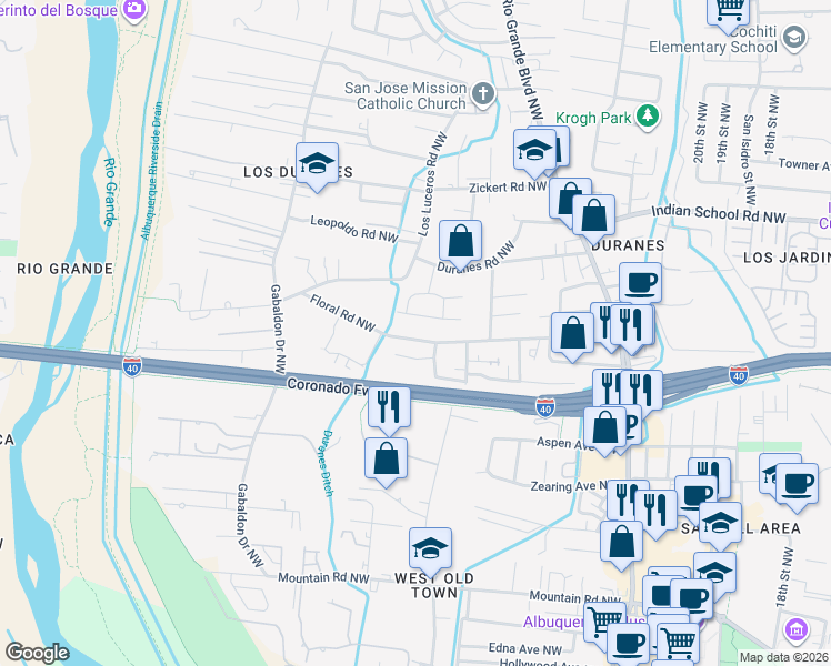 map of restaurants, bars, coffee shops, grocery stores, and more near 2808 San Marcial Street Northwest in Albuquerque