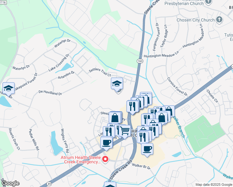 map of restaurants, bars, coffee shops, grocery stores, and more near 13624 Steele Creek Road in Charlotte
