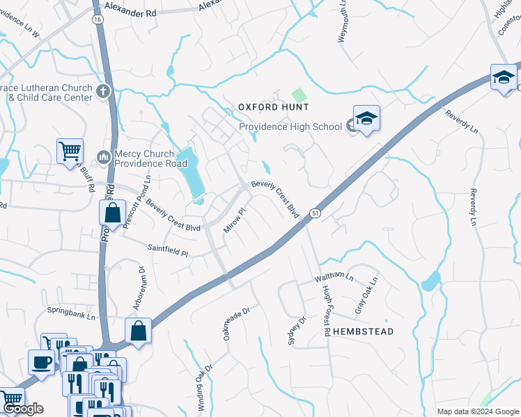 map of restaurants, bars, coffee shops, grocery stores, and more near 807 Wismar Court in Charlotte