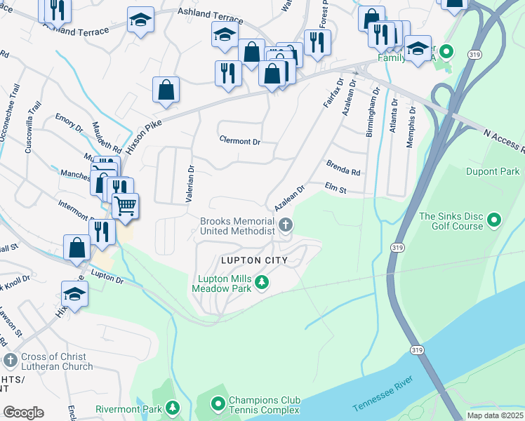 map of restaurants, bars, coffee shops, grocery stores, and more near 3704 Azalean Drive in Chattanooga