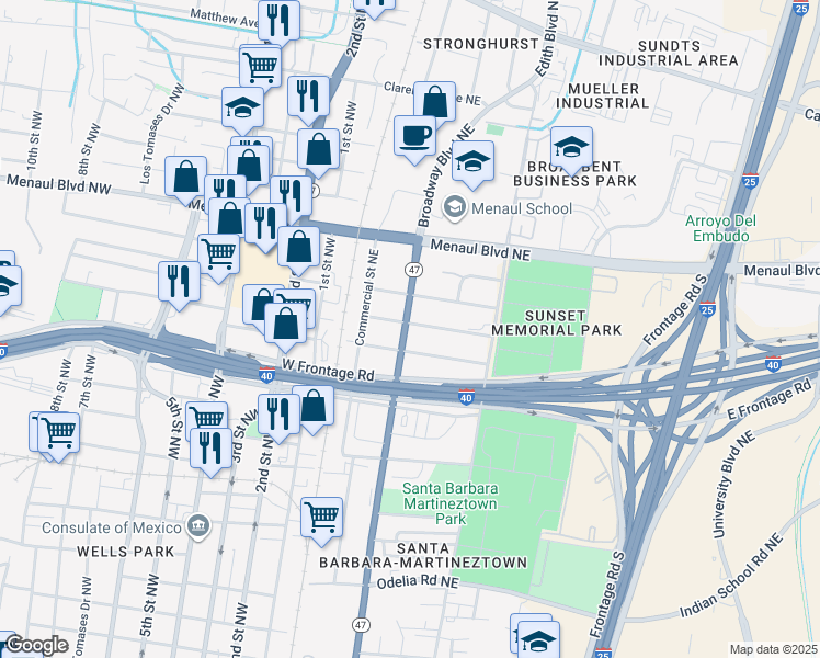 map of restaurants, bars, coffee shops, grocery stores, and more near 311 Cutler Avenue Northeast in Albuquerque