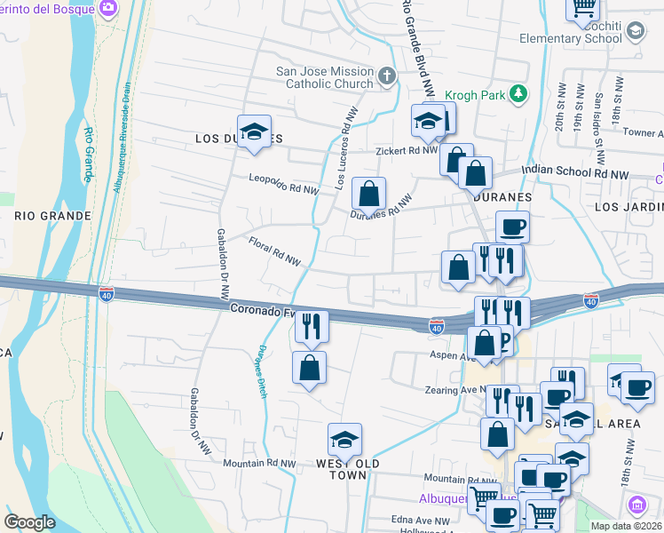 map of restaurants, bars, coffee shops, grocery stores, and more near 2808 San Marcial Street Northwest in Albuquerque
