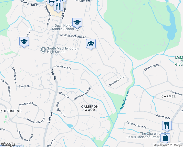 map of restaurants, bars, coffee shops, grocery stores, and more near 3215 Arbor Pointe Drive in Charlotte