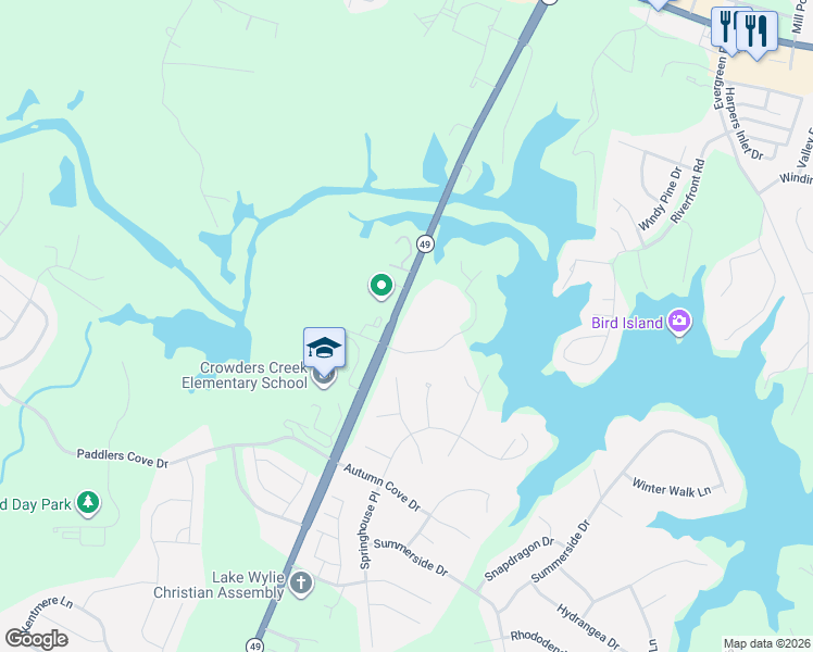 map of restaurants, bars, coffee shops, grocery stores, and more near Cutter Point Drive in Clover
