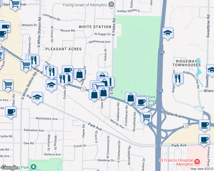 map of restaurants, bars, coffee shops, grocery stores, and more near 5498 Poplar Avenue in Memphis