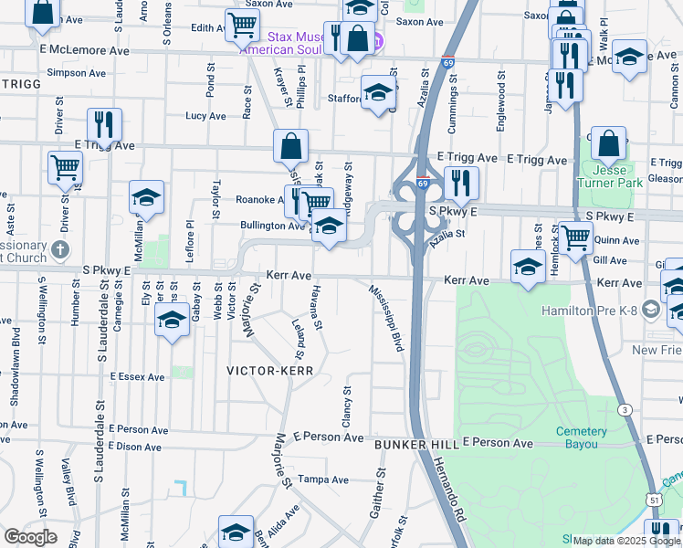 map of restaurants, bars, coffee shops, grocery stores, and more near 888 Kerr Avenue in Memphis