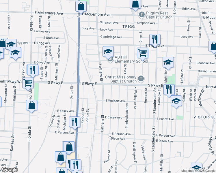 map of restaurants, bars, coffee shops, grocery stores, and more near 343 South Parkway East in Memphis